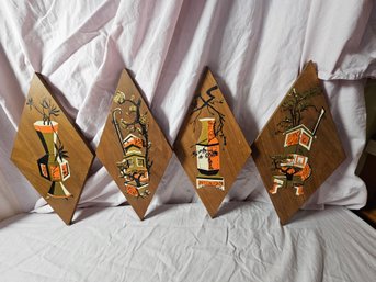 Vintage Set Of  4 MCM Popcorn Art Diamond Wall Hangings, Measures 16 Inches By 8 Inches Each