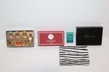 4 Piece Group -4711 Tosca Eau De Cologne!- French Perfume Bottles- Old Zebra Key Ring, Nina Ricci Dispenser-