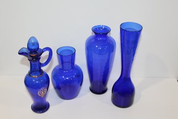 4 Piece Blue Glass Vase And Container Group - Group 2