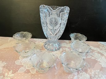 Etched Glass Vase With 6 Depression Glass Custard Dishes