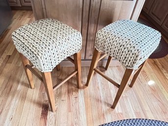 2 Rattan And Wood Stools/Benches