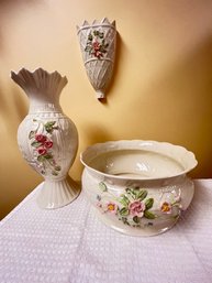 Belleek, Retrospect 2002 Wall Pocket, 1999 McBirney Center Bowl, Large Vase Also In Relief