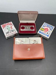 Dewars Cigar Cutter And Unique Playing Card Decks One Pair  In Leather English Case