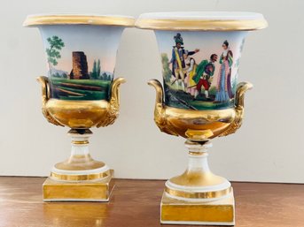 Antique Porcelain Vases/ URNS, Set Of 2 - Hand Painted