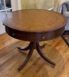 An Ethan Allen Leather Top Drum Table With Drawer Diameter 36' X 30'h