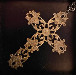 Vintage French Cross Necklace Five Royal Crowns Fleur De Lis Ornate Silver & Gold Tone
