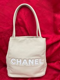Authentic Chanel Leather Light Beige/white Bucket Handbag
