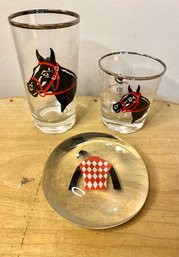 1950 Federal  Horse Derby Glasses And Paperweight