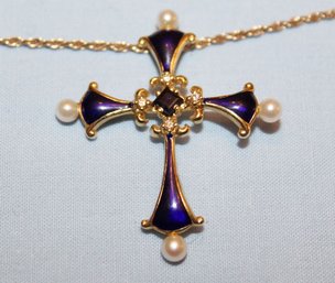 Beautiful 14k Gold Cross With Center Sapphire, Diamonds & Seed Pearls