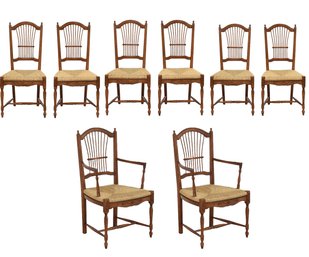 A Set Of 8 Wheat Back Dining Chairs With Rush Seats