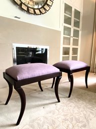 Pair Custom Violet Linen Upholstered Mahogany Stools