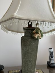 Celadon Ceramic Table Lamp, With Fringed Octagonal Shaped Shade