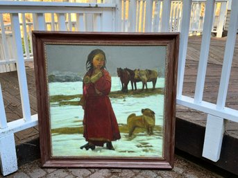 Large Original Oil On Canvas, Girl With Dog, 3 Feet X 3 Feet