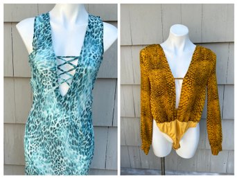 Animal Print Bodysuit (size 2) Paired With Long Blue Animal Print Dress (s)