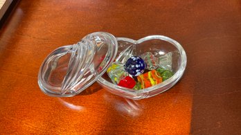 Glass Heart Candy Dish With Glass Candies