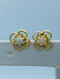 Delicate 14k Yellow Gold Opal Floral Design Earrings
