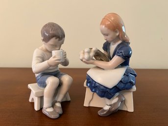 Pair Of Porcelain Children On Stools - Made In Denmark