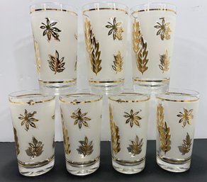 Set Of 7 Mid Century Frosted & Gold Leaf Decorated Glasses