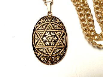 Damascene Pendant With Extra Long Textured Gold Tone Chain