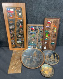 Seven Copper And Brass Plaques, Plates And Clock About Chile