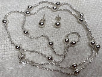Lot 925 Sterling Silver Jewelry Set - Pierced Post Ball - Ball & Chain Necklace, 23 7/8 In. L - Made In Italy