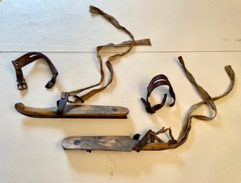 Antique Wooden Ice Skates With Leather Straps