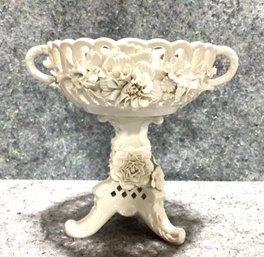 Cream Ware Reticulated Bowl Pedestal Base With Applied Floral Decoration Compote
