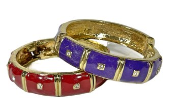 Pair Contemporary Gold Tone Enamel Hinged Cuff Bracelets