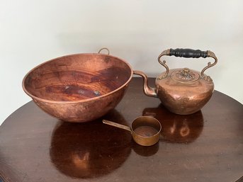 Copper Bowl, Tea Kettle And Measuring Cup