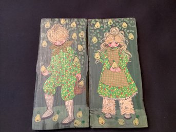Pair 1970s Decorative Plaques Decoupage And Hand Painted Pair