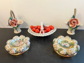 Unmarked Capodimonte Ashtrays, 2 Baskets, And A Bowl Of Ceramic Strawberries