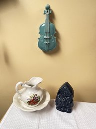 McCoy Ceramic Lot, Pitcher & Bowl, Violin, Navy Colored String Dispenser