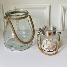 Set Of 2 Glass Lanterns/Jars With Rope Handles