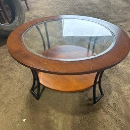 Awesome Beveled Glass, Wood & Metal Round Coffee Table