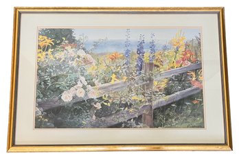 Flowers Overgrowing A Wooden Fence Watercolor Print
