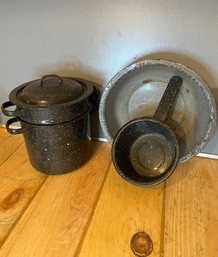 Black Speckled Enamel Pots And Tray
