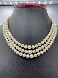 Stunning Multi Strand Layered White Pearl Necklace W/ 14k Gold Clasp