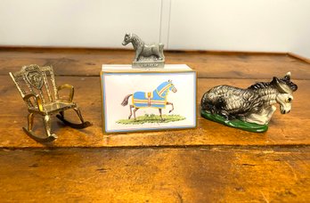 Horse Tin, Statue, Brass Rocking Chair And Donkey Nativity
