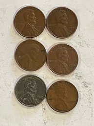 6 - Wheat Pennies   1934,  1941,  1943 Silver,  1948,  1952d,  1957d