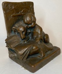 Vintage Single WB Weidlich Brothers Bookend - Companions - Child & Dog Reading Book - Metal With Bronze Wash