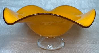 Art Glass Yellow-Orange Fruit Decorative Centerpiece Bowl - Ruffle Rim Brown/amethyst, Clear Base - Unmarked