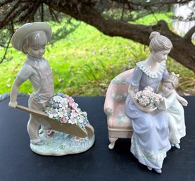 Vintage 1970s Lladro Wheelbarrow With Flowers Boy And Mother/Daughter Figurative Grouping