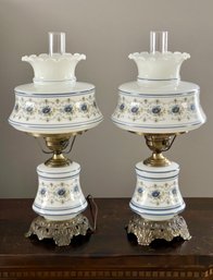 Vintage Quoizel 1973 Floral Hurricane Lamps- A Pair