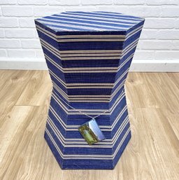 Handcrafted Indonesian Side Table With Blue And White Striped Upholstered Finish