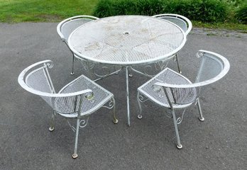 Mid-Century Wrought Metal Patio Table & 4 Chairs In White