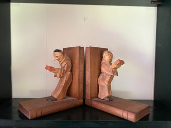 Pair Of Wooden Carved Monk Book Ends