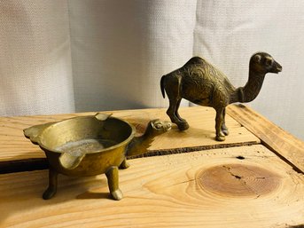 Antique Brass Camel Ashtray And Metal Camel Figure