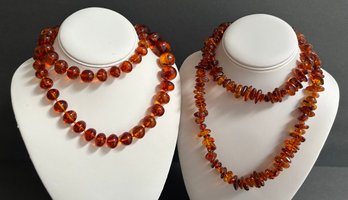 Lot Of 2 Vtg Amber Necklaces - Round Graduated Beads & Chip Necklace Both Measure 30' Length UV Light Tested