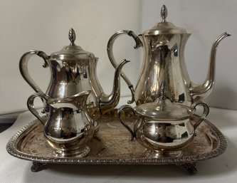 Antique Set Of 4  Silver Newport Silver Plated Tea Set Along With Silverplated Tray    A2