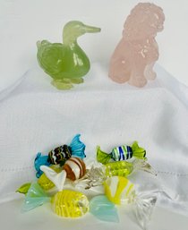 Vintage Colored Glass Items: Pink Ming Dog-Green Duck - Murano Glass Candies